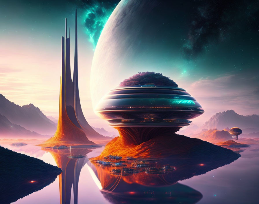 Futuristic sci-fi landscape with large planet, reflective surface, and starry sky