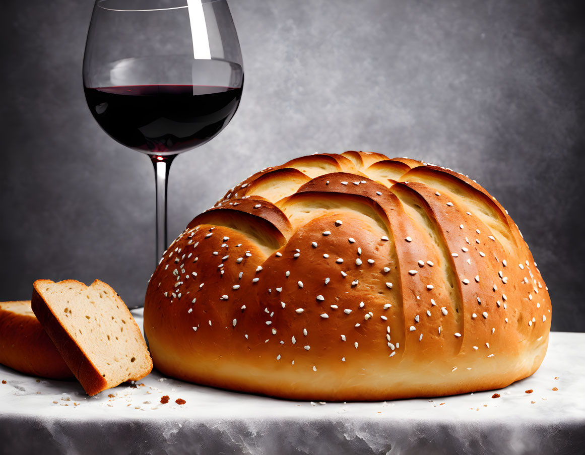 Sliced Sesame Seed Bread with Red Wine on Dark Background