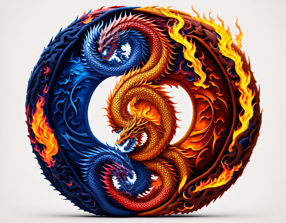 Vibrant blue and orange dragons in yin-yang circle with fire and ice motifs