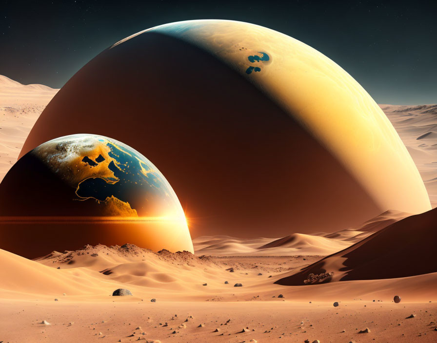 Orange Desert Sci-Fi Landscape with Starry Sky and Celestial Bodies