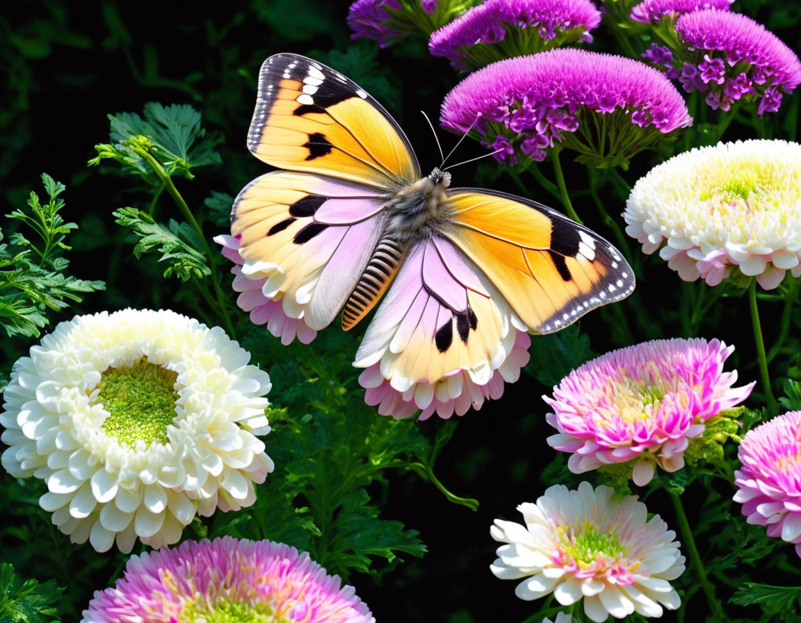 Colorful Butterfly Resting on Pink and White Flowers with Green Foliage