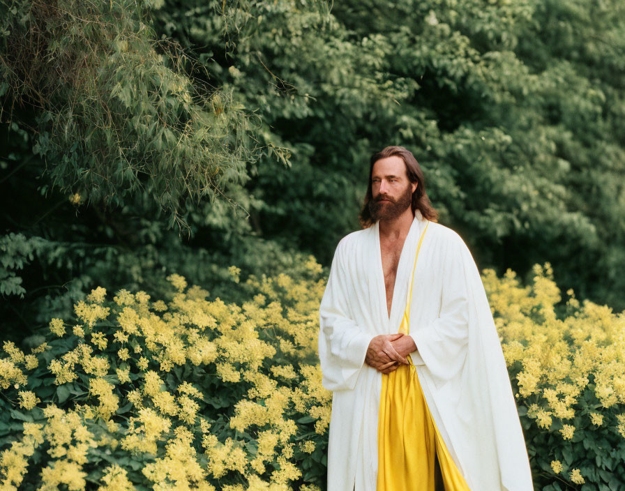 Bearded man in white robe with yellow sash among greenery and flowers