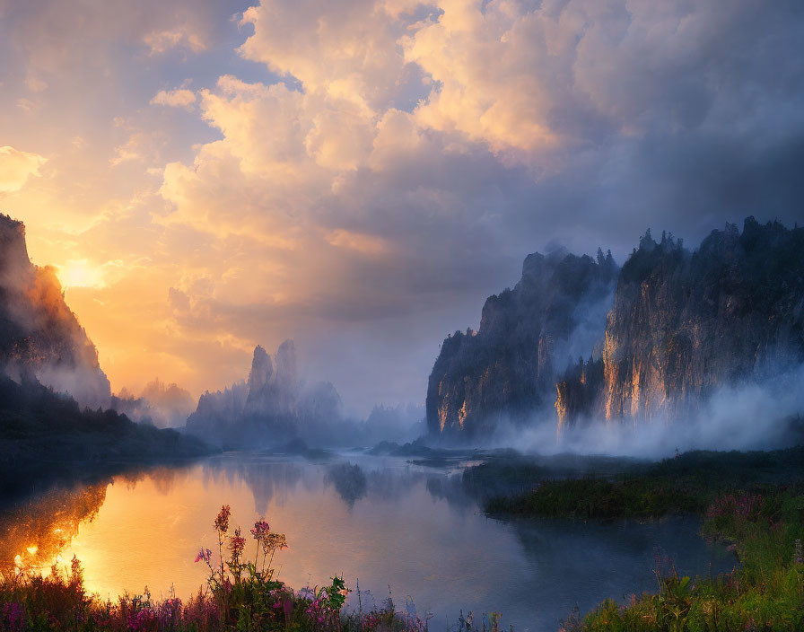 Misty River Sunrise with Rocky Cliffs & Lush Foliage