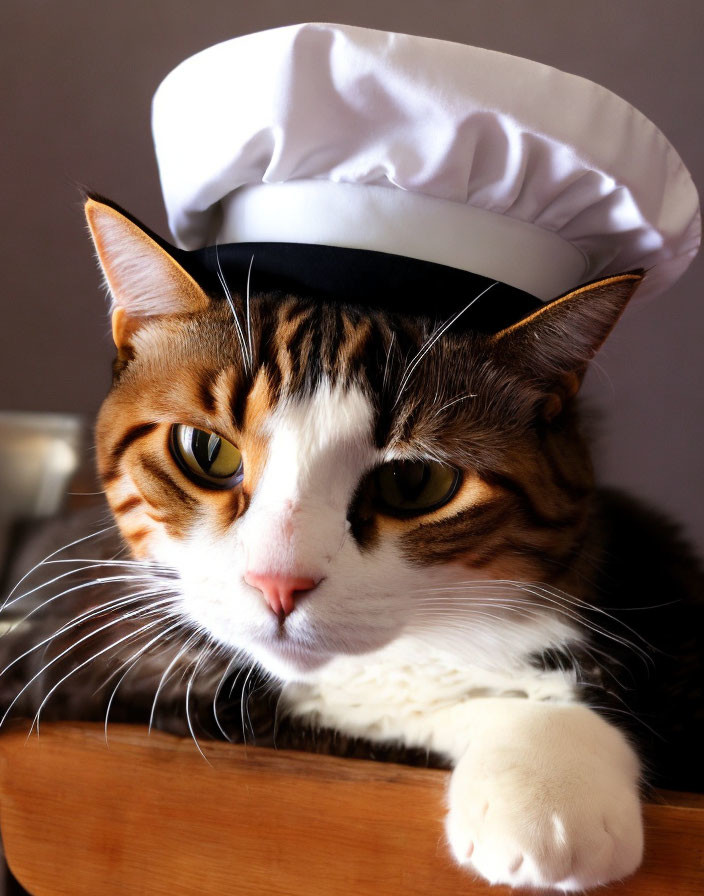 Tabby cat in chef's hat with intense gaze