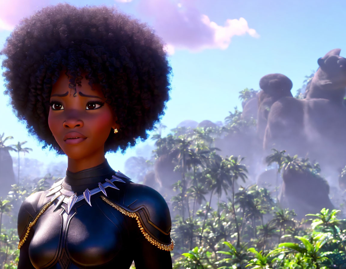 Futuristic 3D Animated Female Character with Afro Hairstyle in Sunlit Landscape