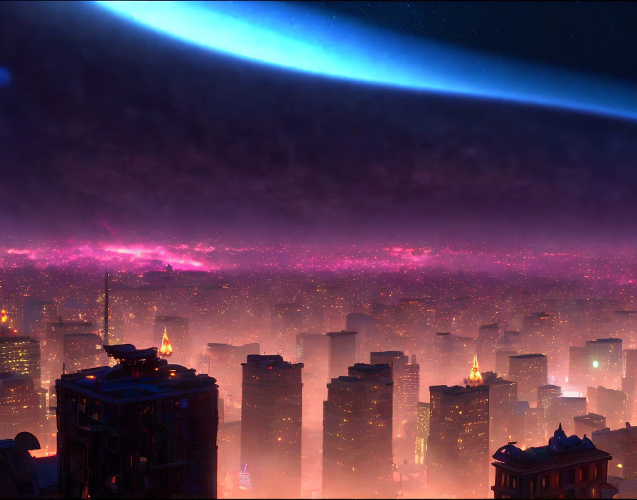 Futuristic night cityscape with pink and purple sky hues and silhouetted buildings