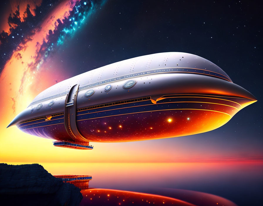 Futuristic spaceship above rocky landscape at sunset