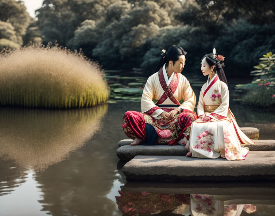 Traditional East Asian attire couple seated on stepping stones in tranquil garden