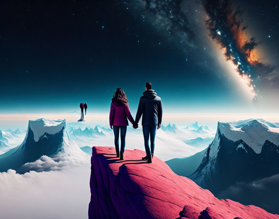 Couple holding hands on red cliff under starry sky with cosmic phenomenon