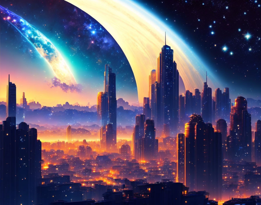 Futuristic city skyline with cosmic event and giant planet.