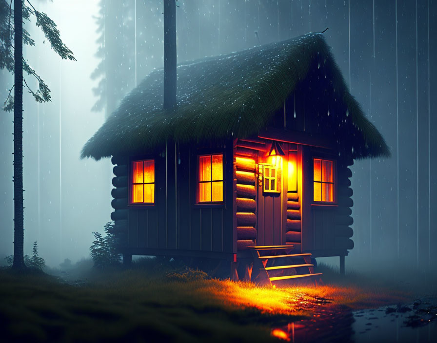 Thatched Roof Log Cabin in Misty Forest Twilight