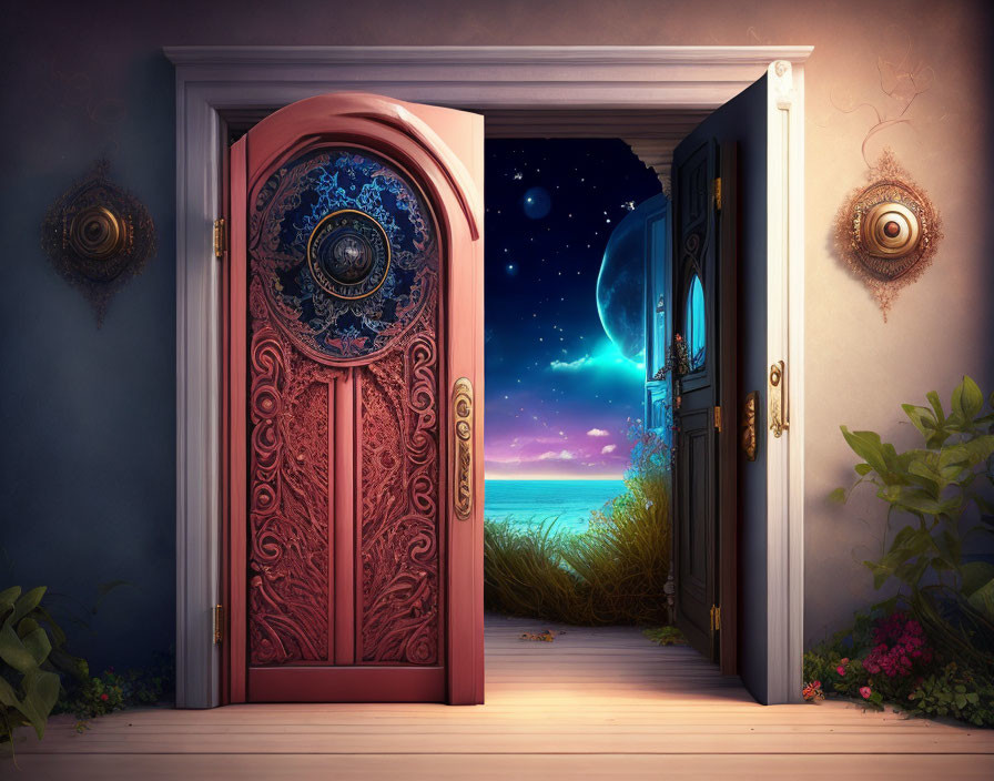Ornate open door to vibrant night landscape with moon and ocean