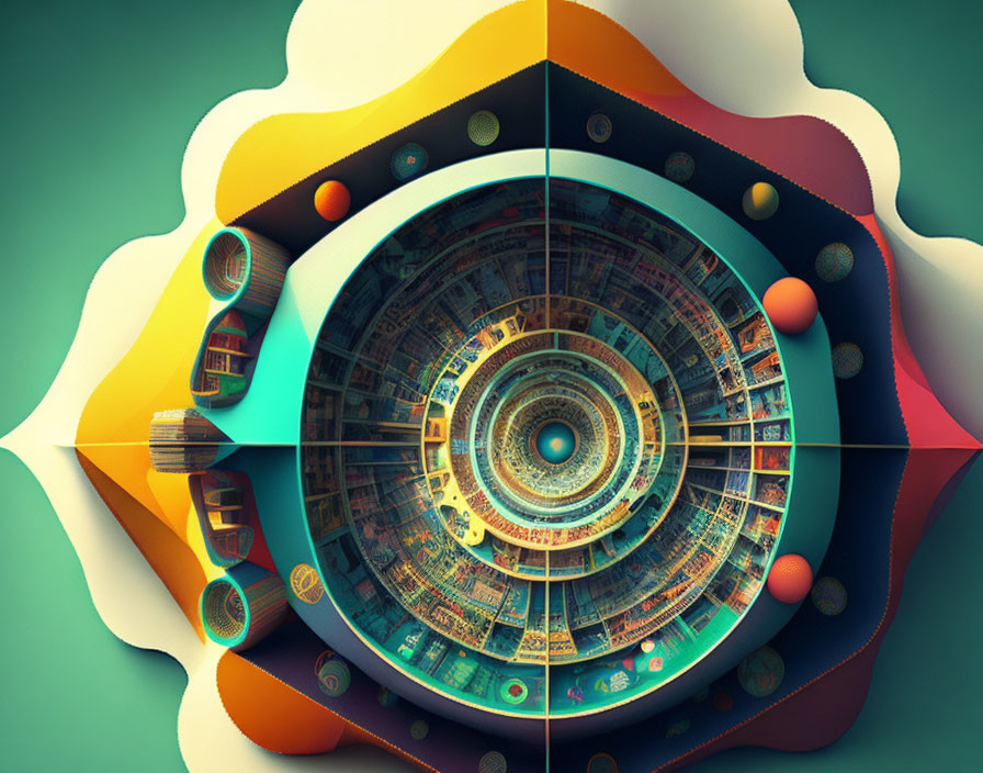 Circular multi-level library with eye-like central structure on teal background