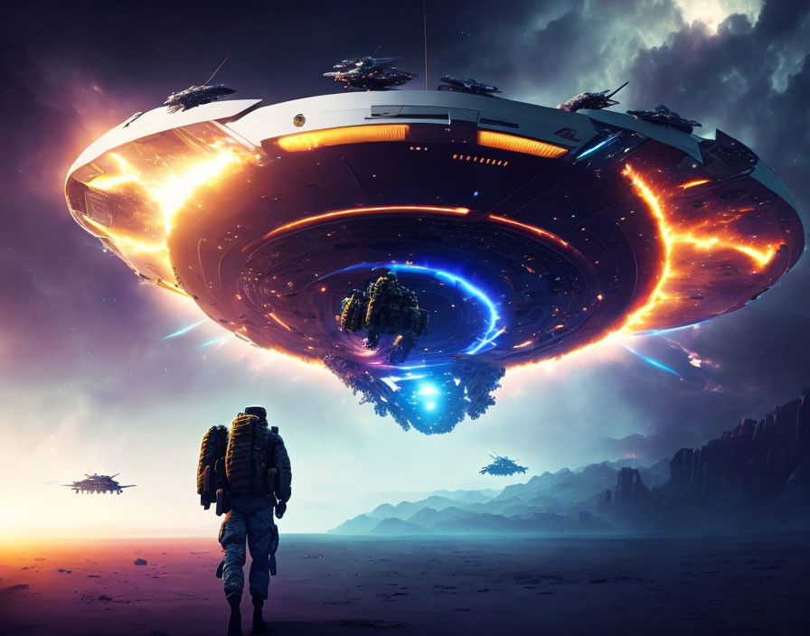 Giant glowing alien spaceship hovers over desolate landscape