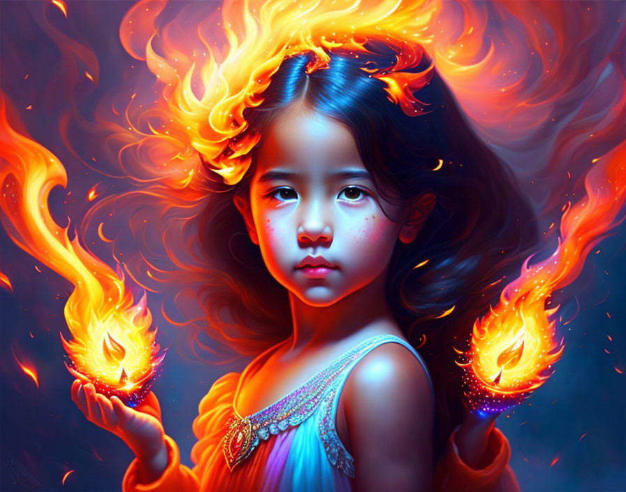 Fiery-haired girl with flames in hands in vibrant red and blue tones