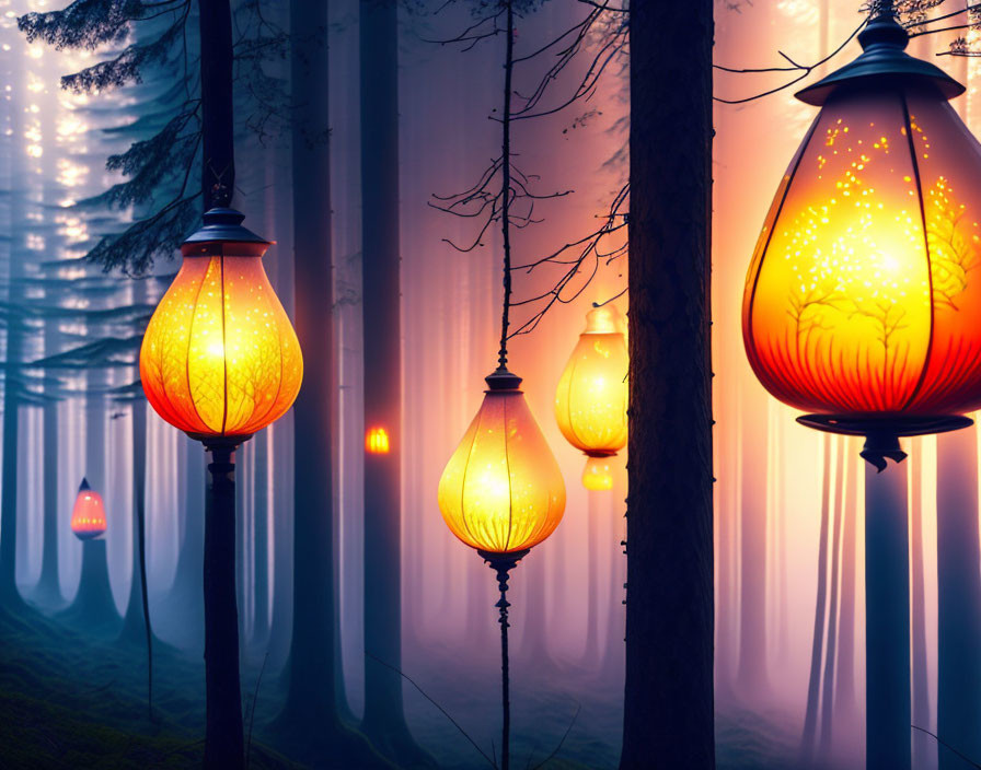 Orange Lanterns Illuminate Misty Forest with Warm Glow