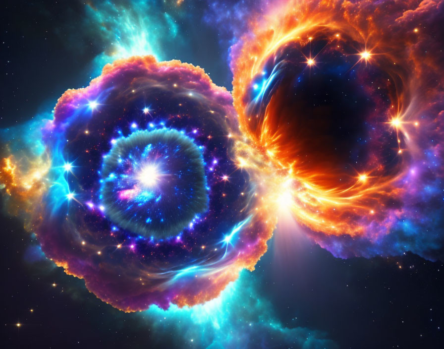 Colorful Cosmic Scene: Intertwined Glowing Nebulae in Deep Space