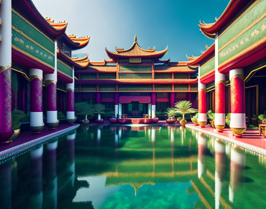 Vivid Chinese palace with ornate rooftops reflected in serene water