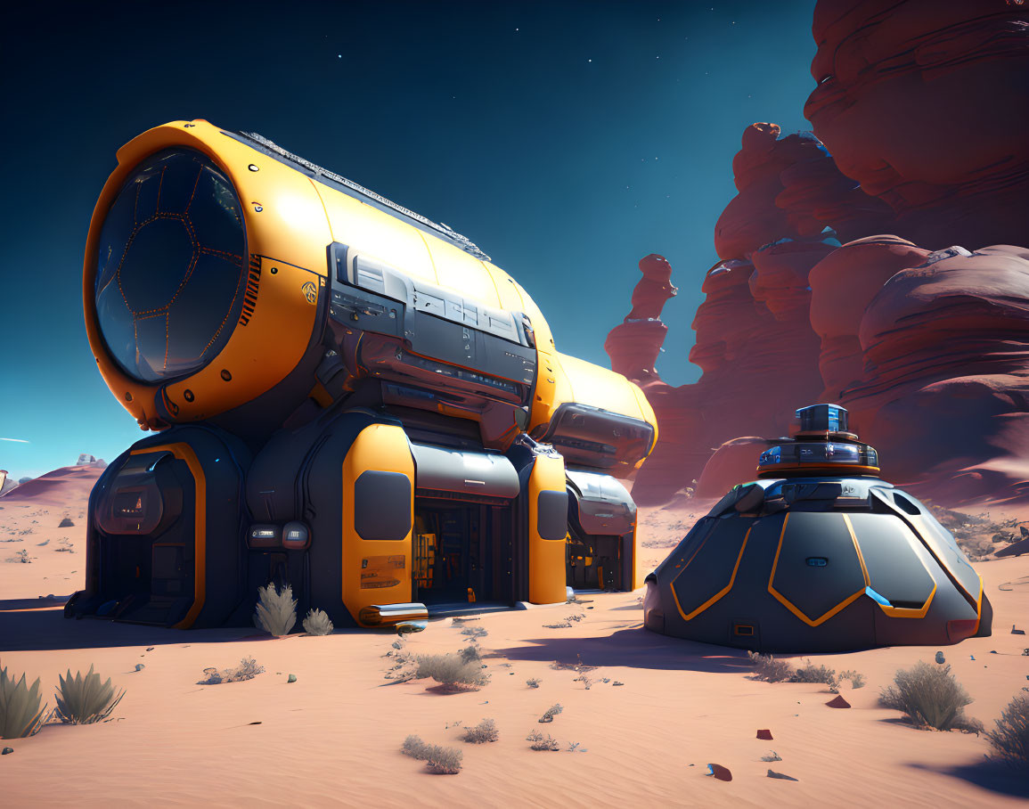 Yellow and Grey Futuristic Habitat Modules in Desert Landscape