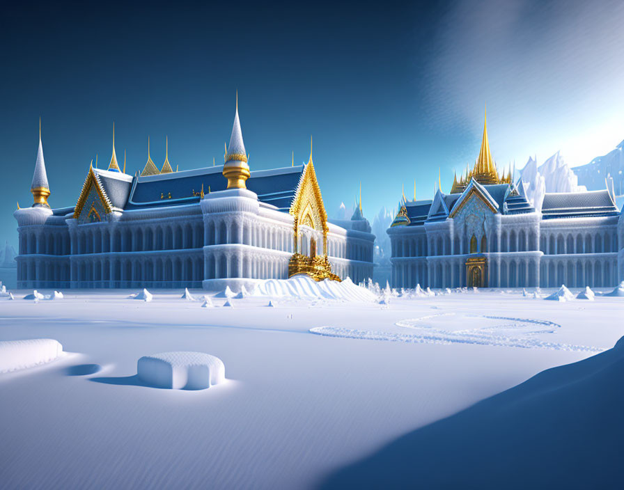 Snow-covered palace with gold and blue spires in icy mountain scenery