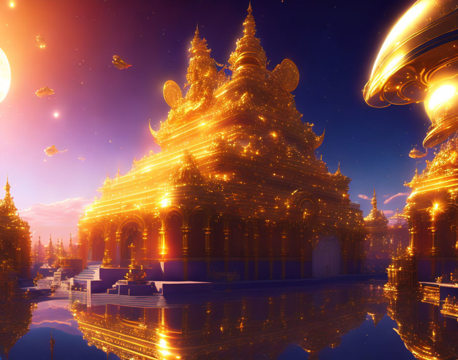 Golden City with Ornate Buildings, Floating Islands, and Airships at Sunset
