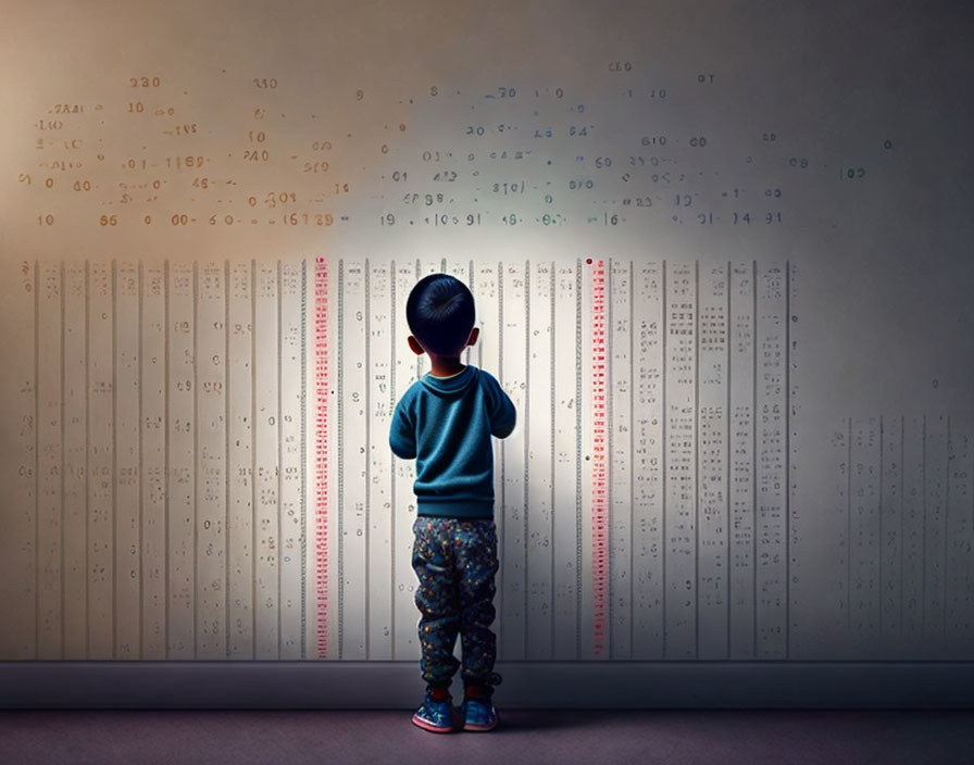 Child Observing Numerical Code Patterns on Wall