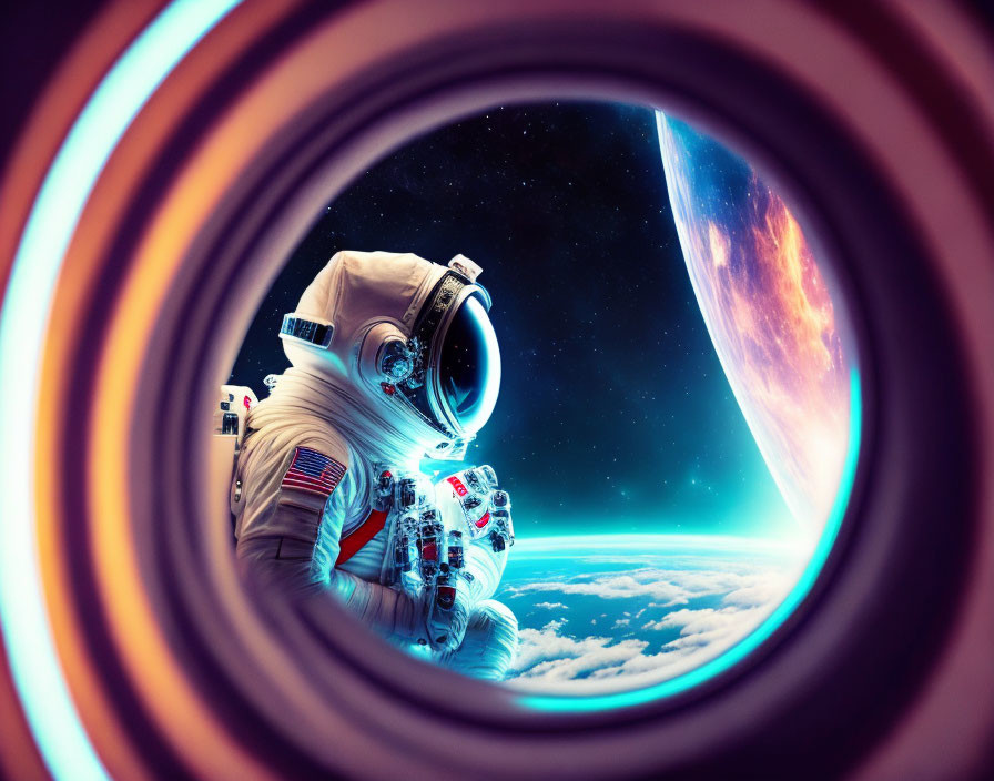 Astronaut observing Earth through circular space portal