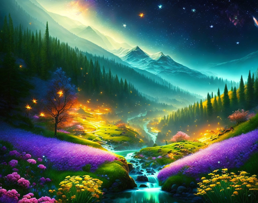 Fantasy landscape with luminescent flowers, flowing river, starry sky, and glowing mountains