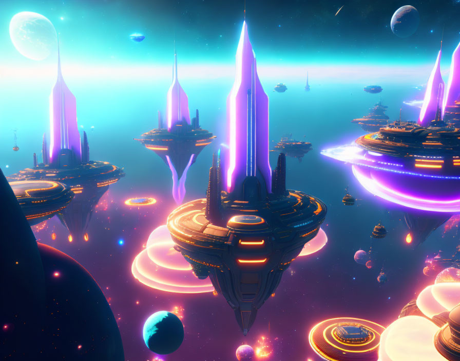 Futuristic sci-fi cityscape with floating platforms and spaceships