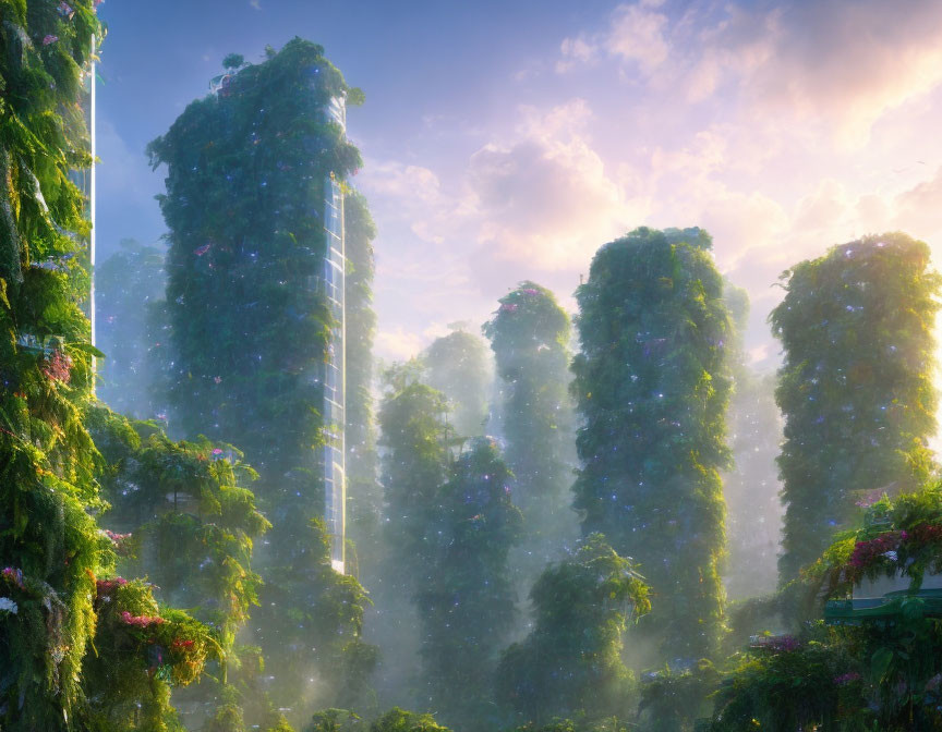 Vertical gardens on skyscrapers with misty sunrise and warm urban oasis glow