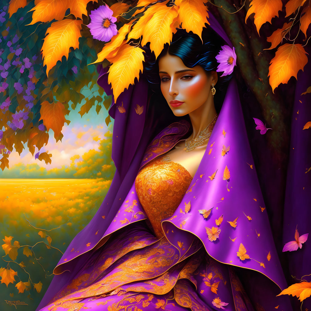 Woman with Blue Hair and Autumn Leaves Under Golden Tree