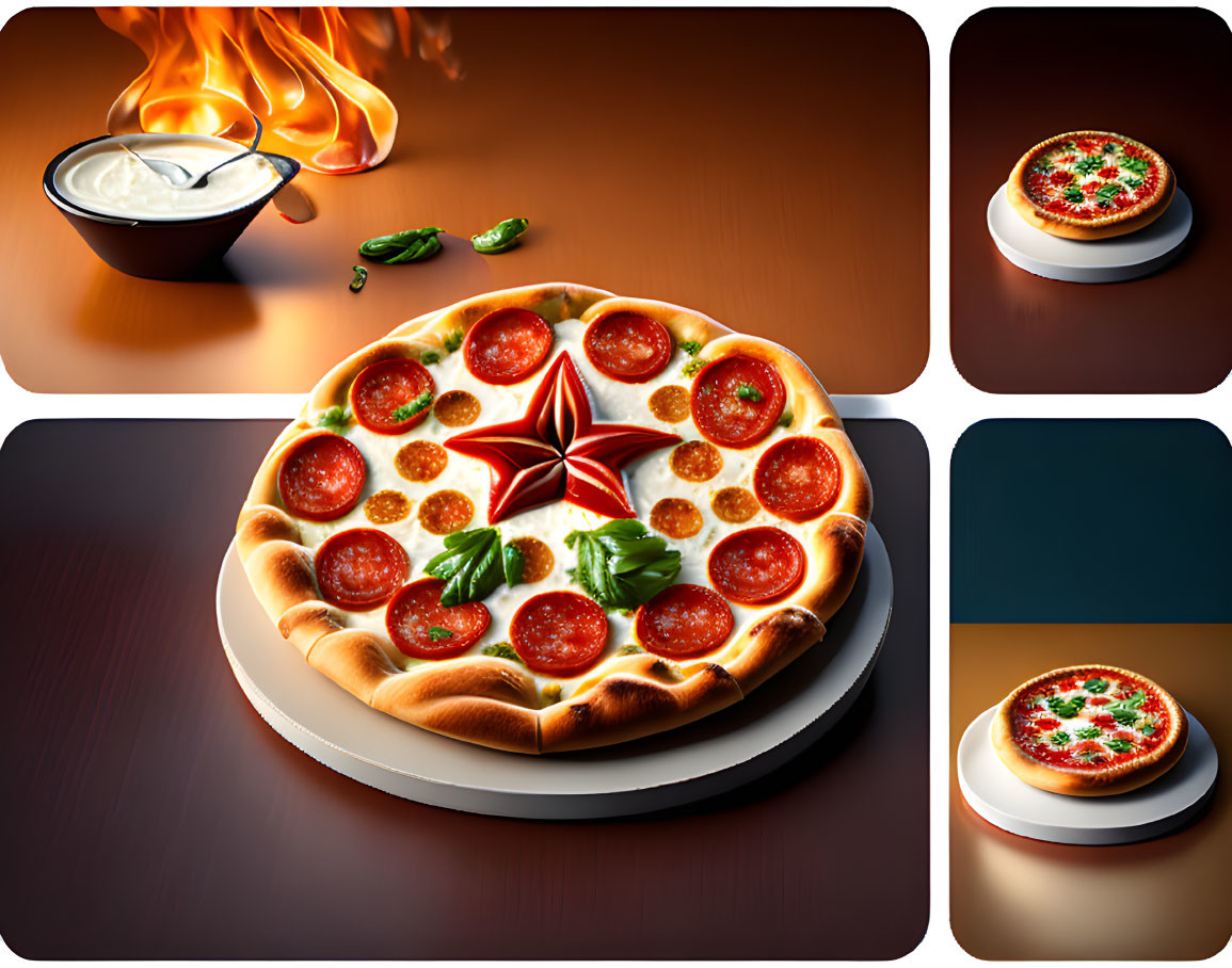 Pepperoni and Basil Pizza on Stand with Flaming Bowl and Pepper Background