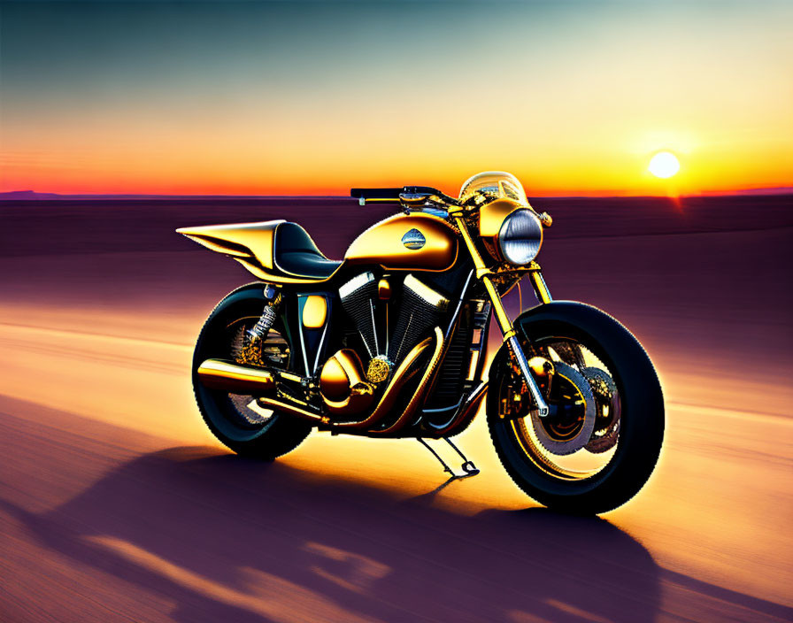 Golden Motorcycle on Desert Road at Vibrant Sunset