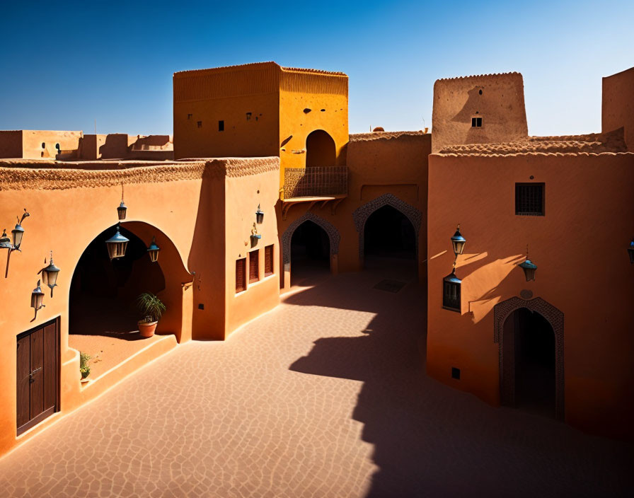 Desert architecture: Orange walls, arched doorways, lantern-lit courtyard