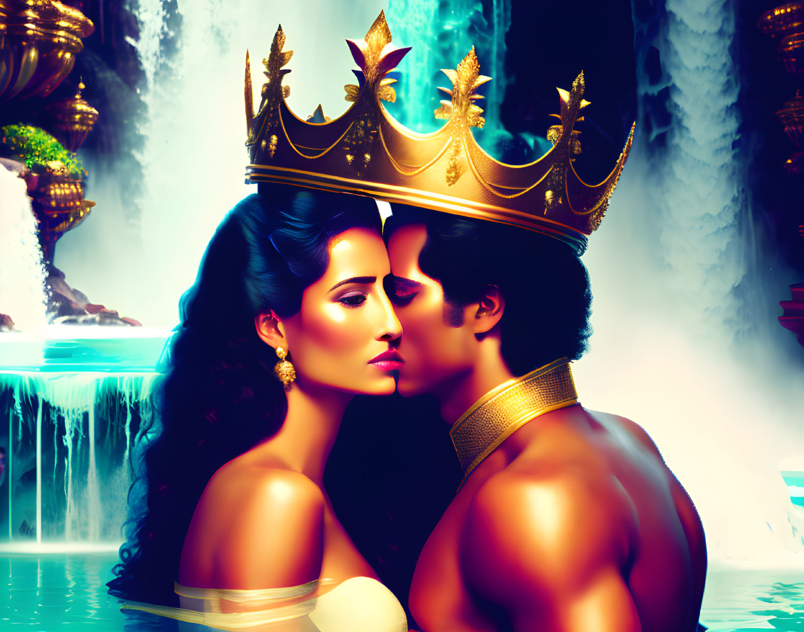 Illustration of romantic couple with crowns embracing in fantastical waterscape