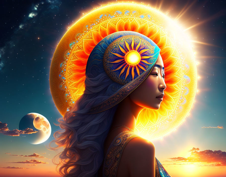 Silver-haired woman with mandala halo in vibrant sunset scene