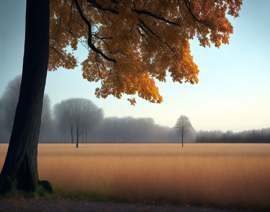 Golden-leaved tree in foreground, misty background with bare trees, dry grass field