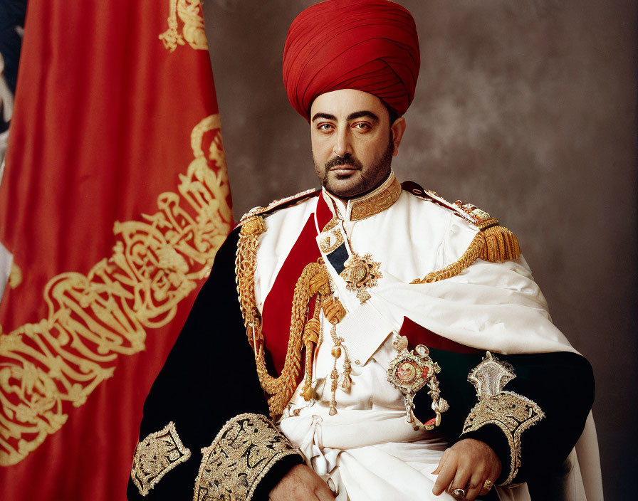 Elaborately dressed man with red turban and medals sitting by ornate red flag