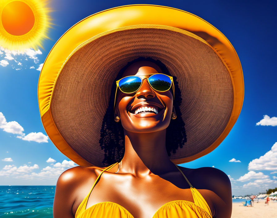 Smiling woman in sunhat and sunglasses on sunny beach