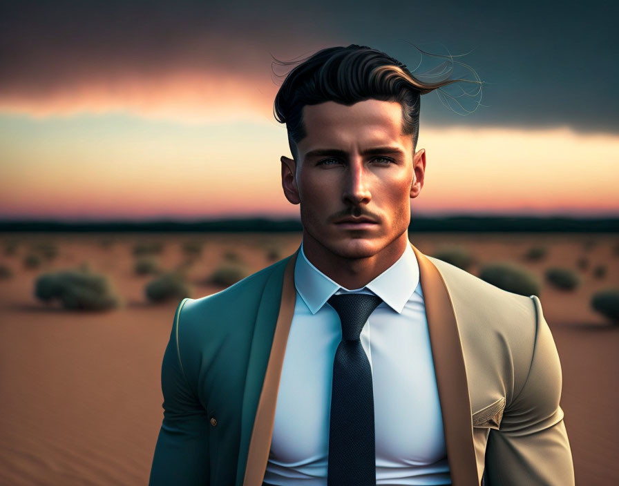 Man in suit with slicked-back hair in desert sunset scene