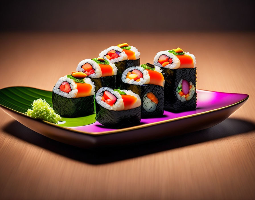 Six Fish and Avocado Sushi Rolls with Wasabi on Black and Purple Plate