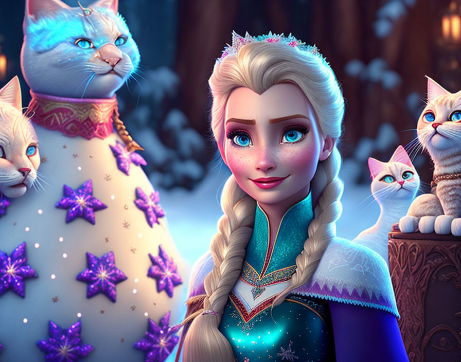 Snow Queen Woman with Blue-Eyed Cats in Enchanted Forest