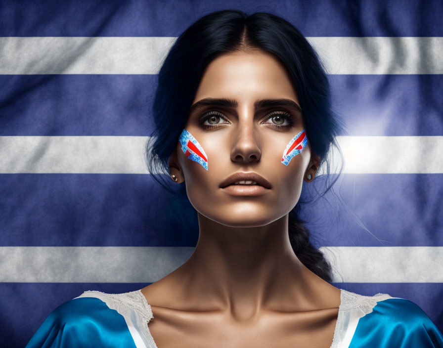 Portrait of woman with blue eyes and Cuban flag face-paint on flag backdrop