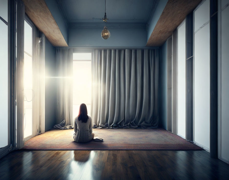 Woman sitting on rug by window with billowing curtains in softly lit room