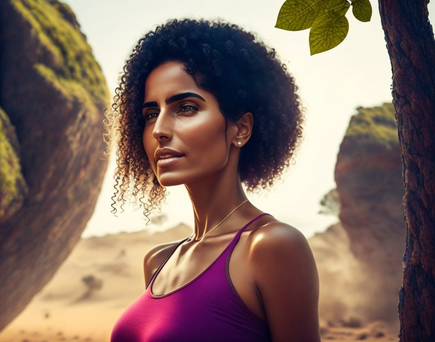 Curly-haired woman in purple top among rocks with green leaves and soft-focus background