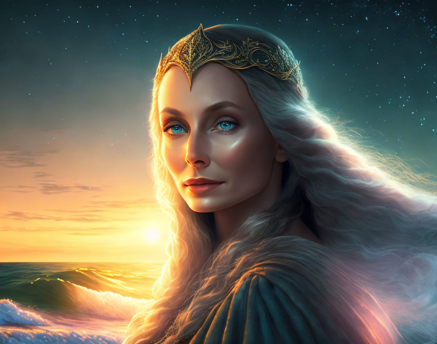 Ethereal woman with blue eyes and white hair in ornate crown at sunset.