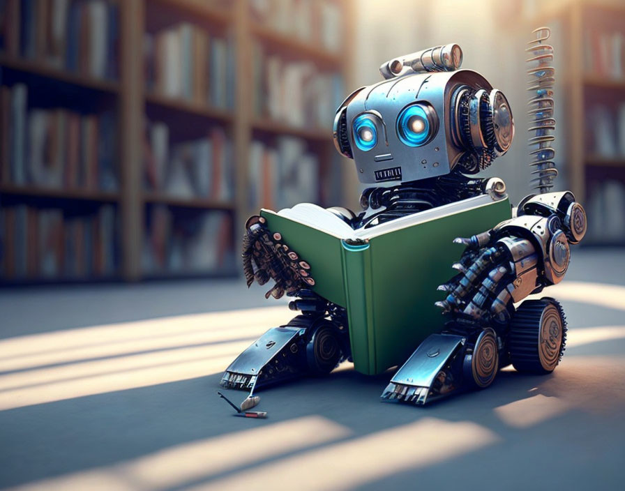 Humanoid robot reading a green book surrounded by bookshelves