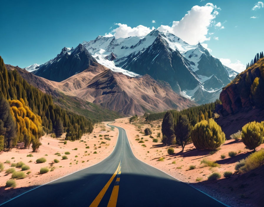 Straight Road Leading to Snow-Capped Mountains and Autumn Trees