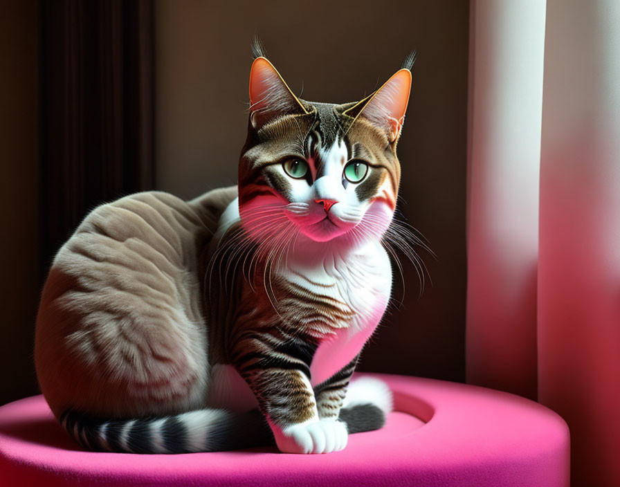 Brown and White Striped Cat with Green Eyes on Pink Surface by Sunlit Window