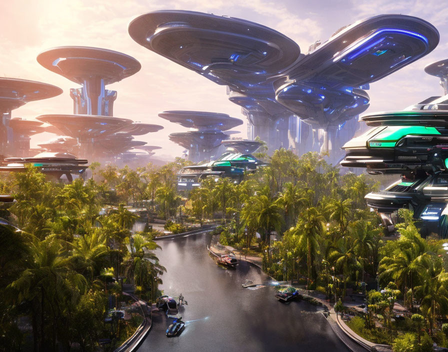 Futuristic cityscape with disc-shaped buildings, greenery, river, and advanced vehicles